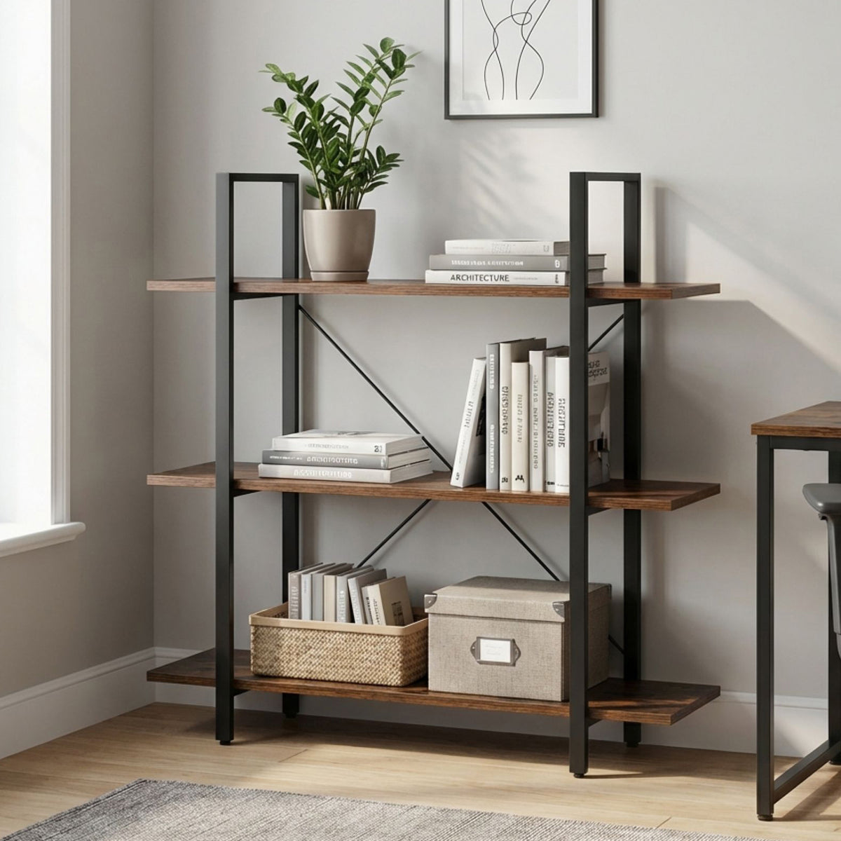 Forge 3 Tier 106cm Bookshelf - Rustic Brown