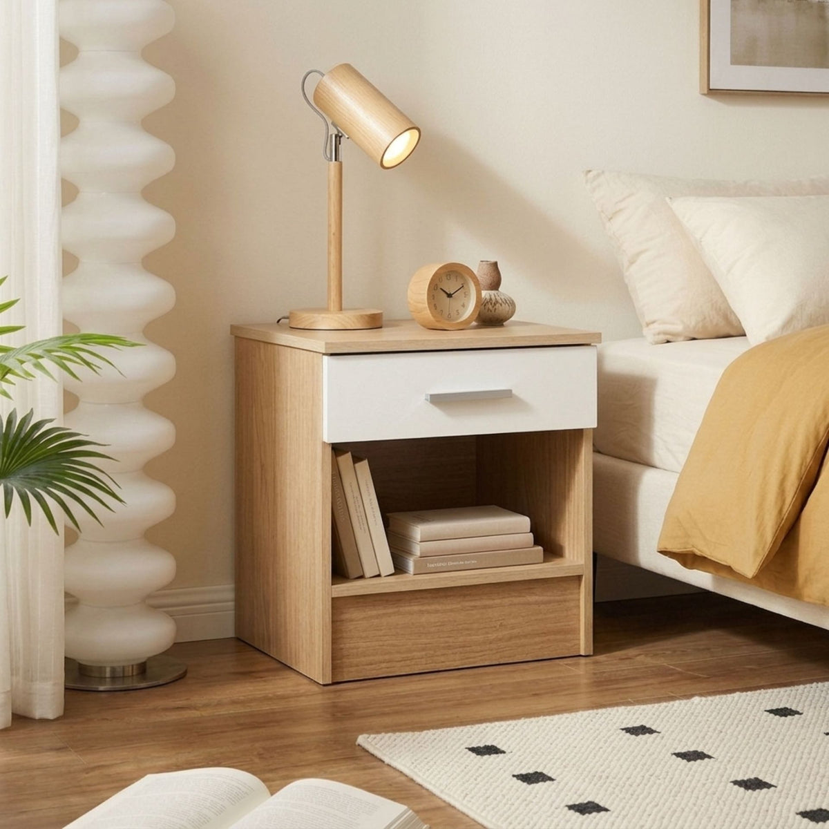 Miller Bedside Table - Light Teak + White