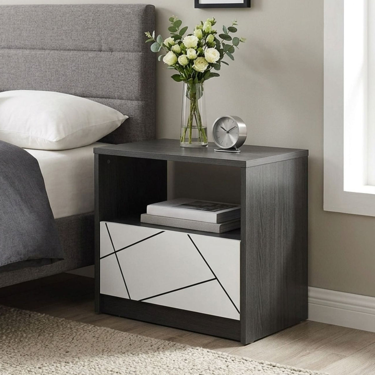 Dustin Bedside Table - Oak Grey + White