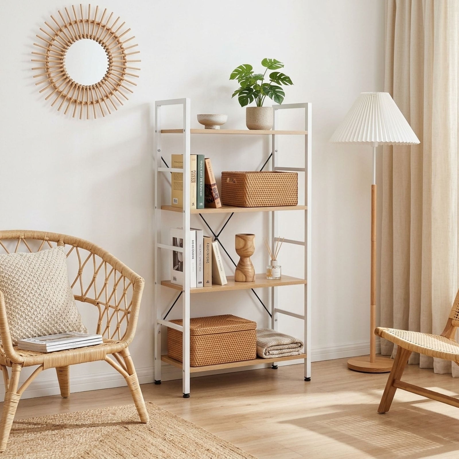 Hikuai 4 Tier 118cm Bookshelf - Natural + White