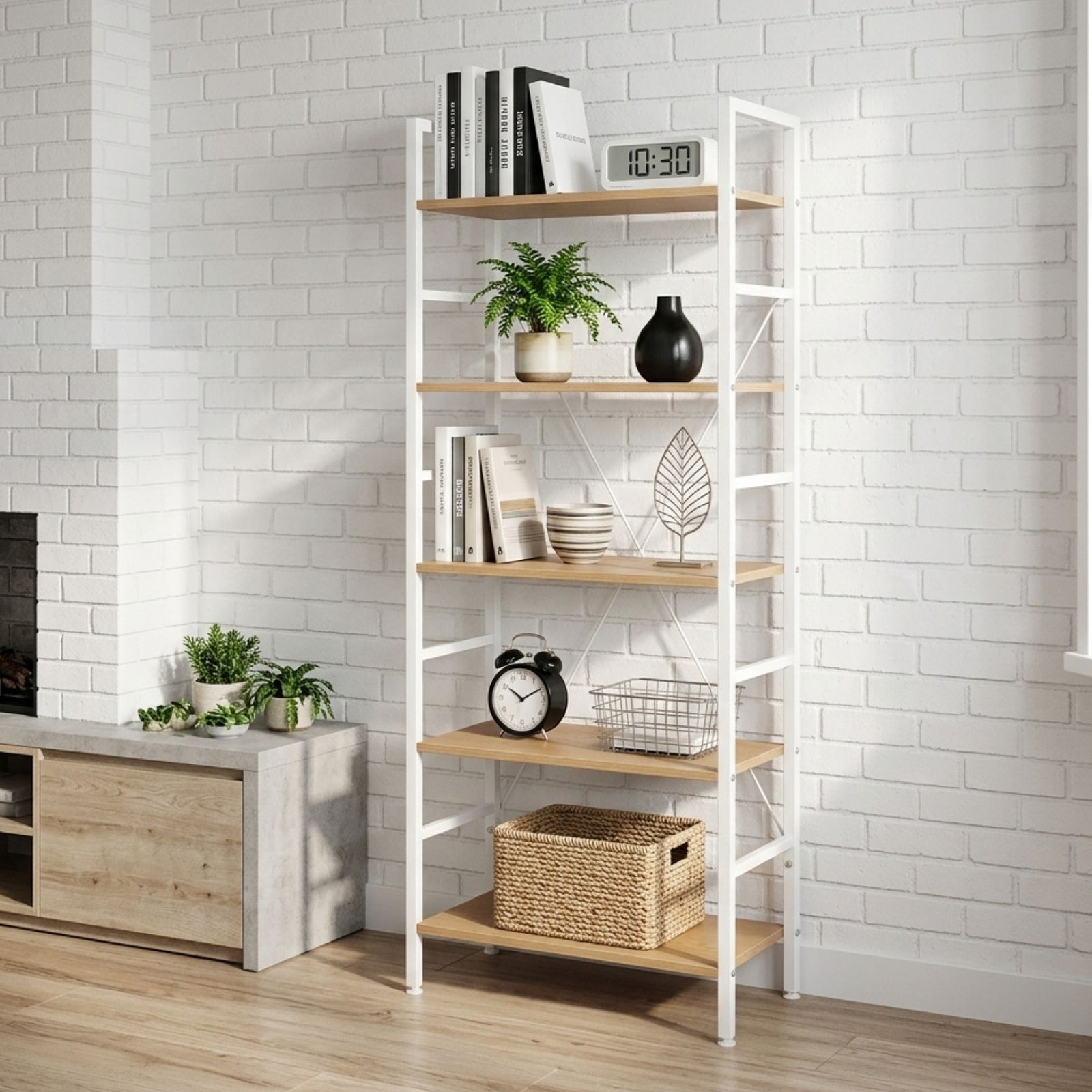 Hikuai 5 Tier 150cm Bookshelf - Natural + White