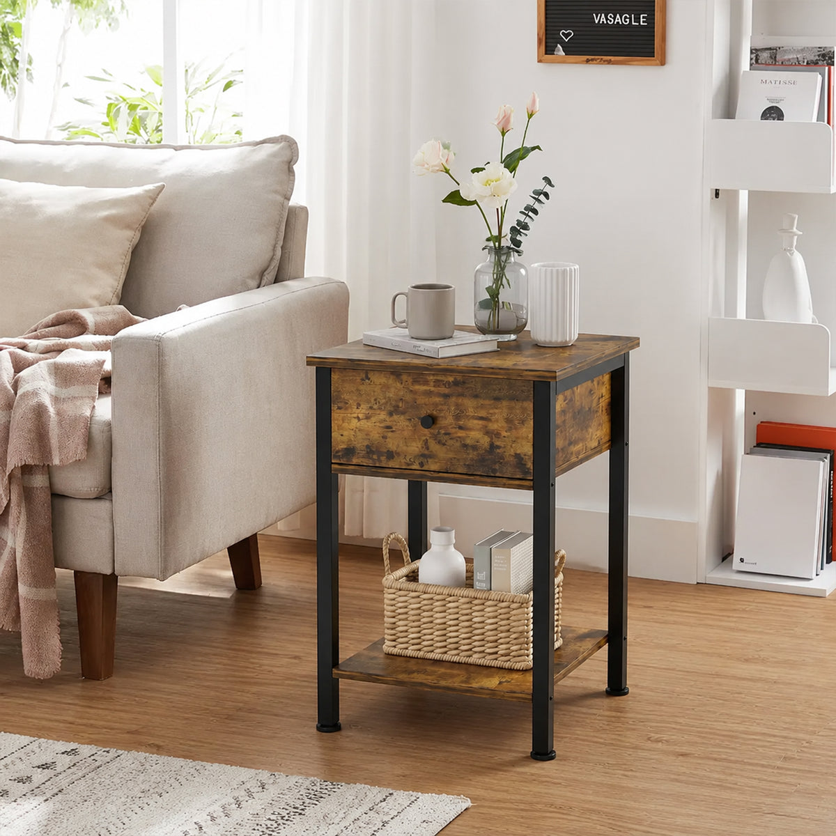 Atlas Side Table with Drawer and Storage Shelf - Rustic Brown