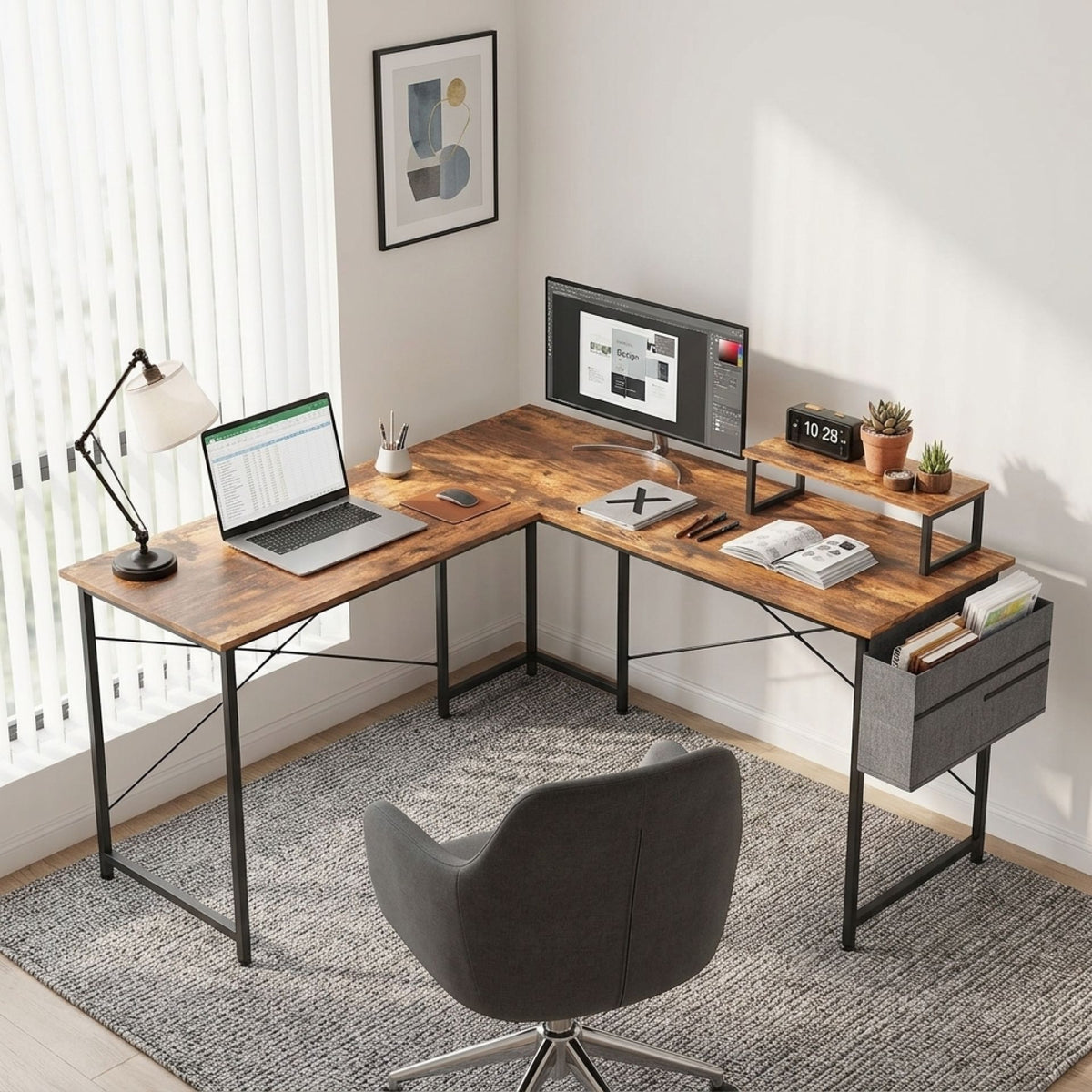 Felix Computer Corner Desk with Storage Bag - Rustic Brown