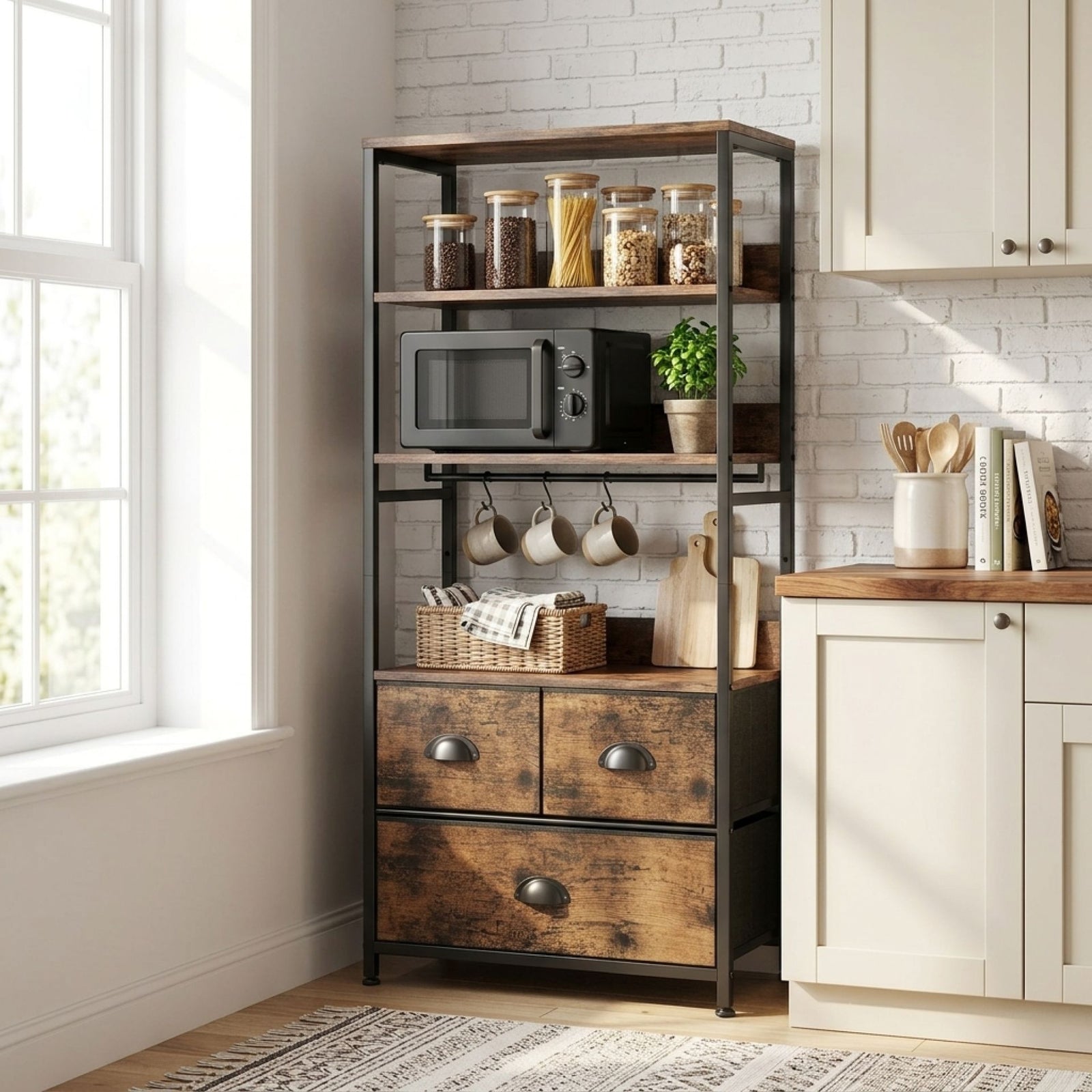 Whitby 4 Tier Storage Shelf with Drawers - Rustic Brown