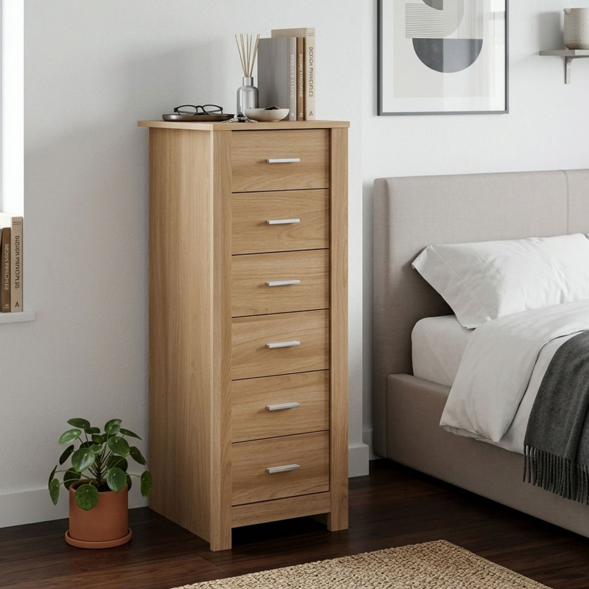 Olsen 6 Drawers Slim Tallboy - Oak