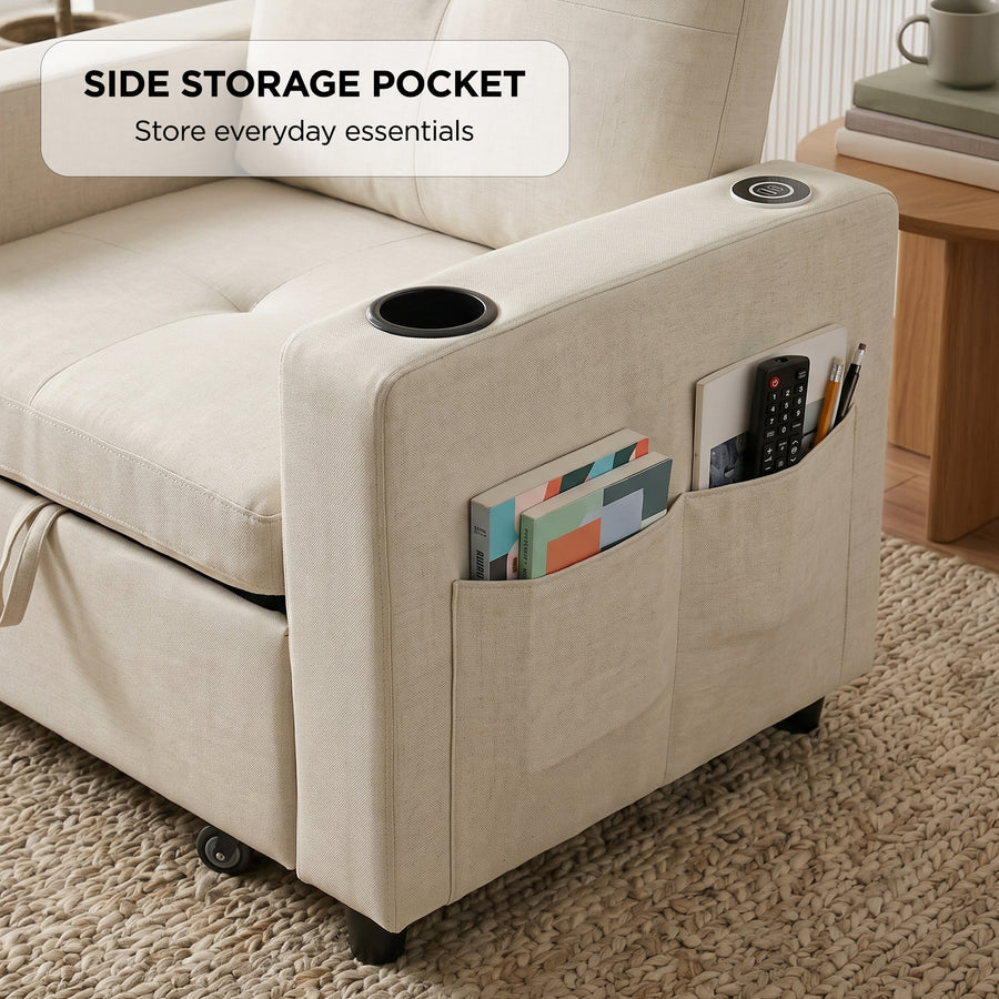 Mist 1 Seater Sofa Bed With Cup Holder And Side Tray - Cream