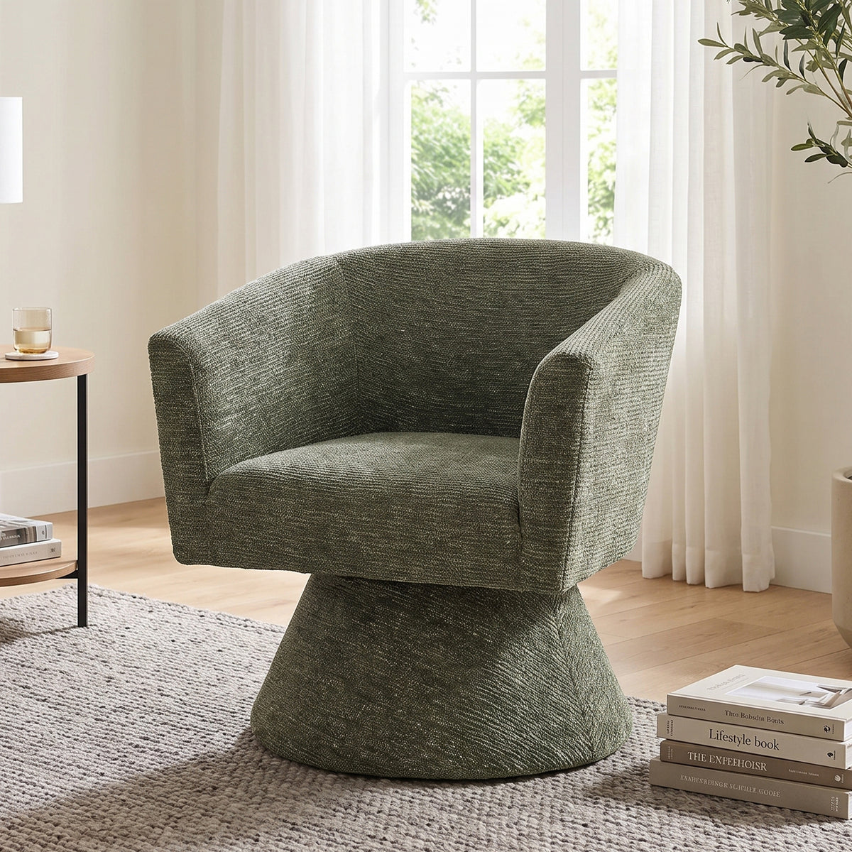 Hug Chenille Swivel Armchair - Dark Green