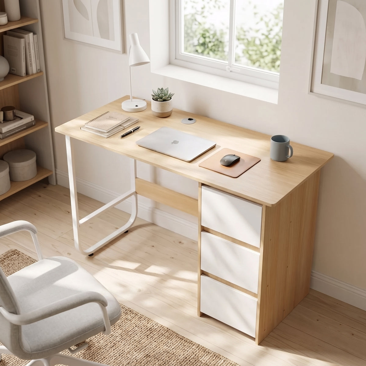 Gavin 120cm Computer Desk with Drawers - Natural + White