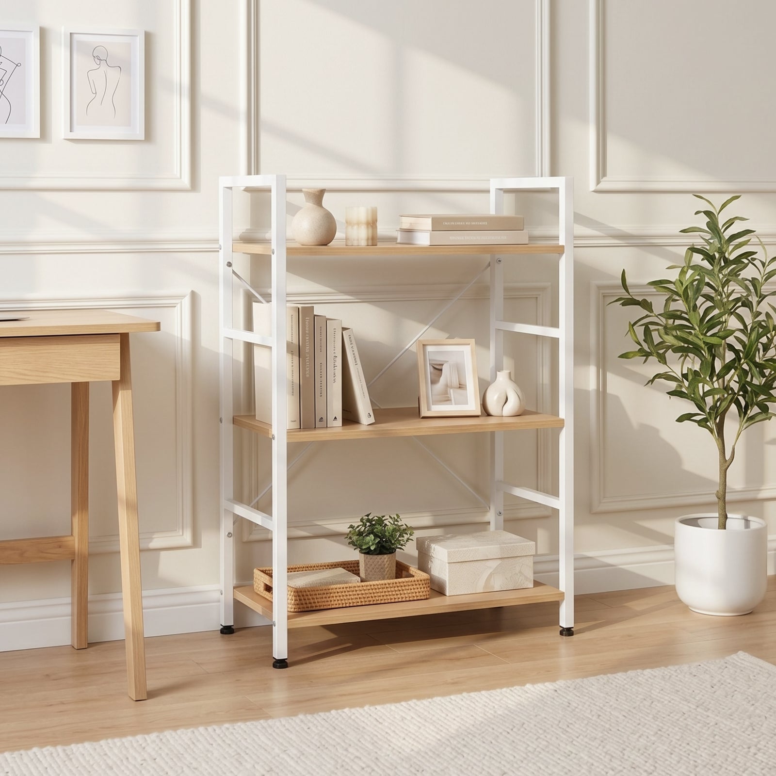 Hikuai 3 Tier 83cm Bookshelf - Natural + White