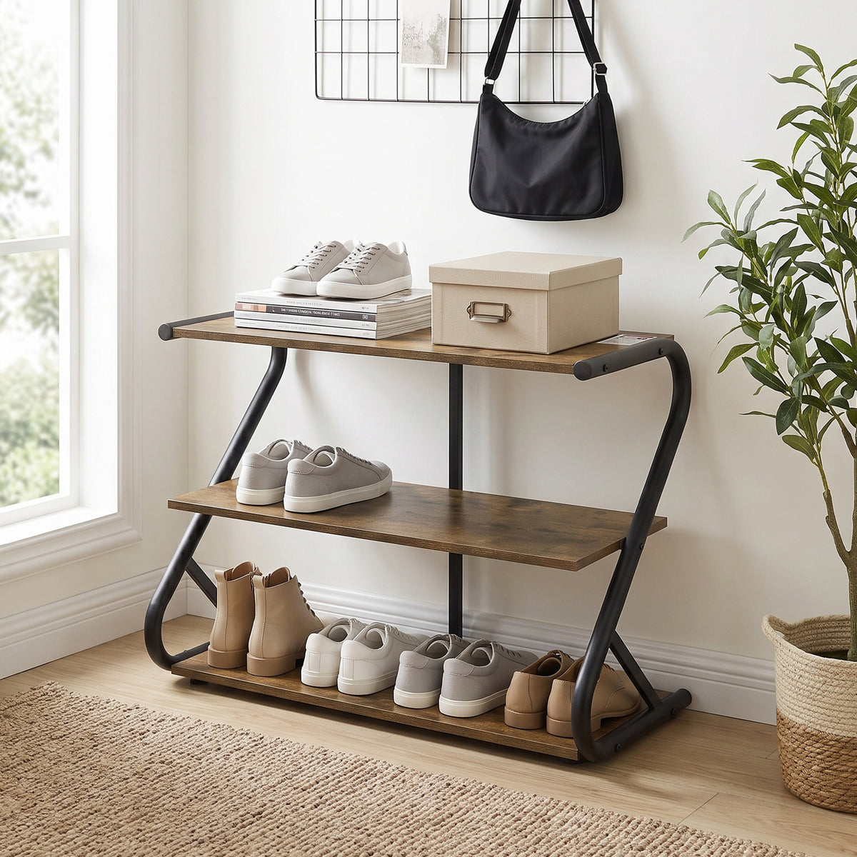 Parea Shoe Rack - Rustic Brown + Black