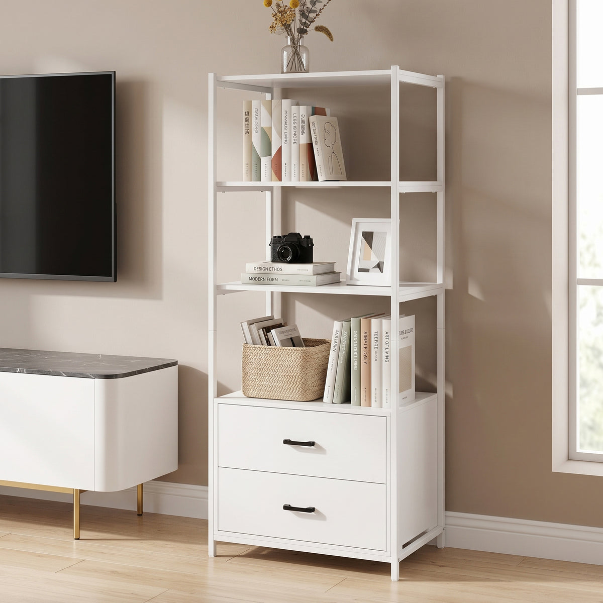 Alpine Display Shelf With 2 Drawers - White