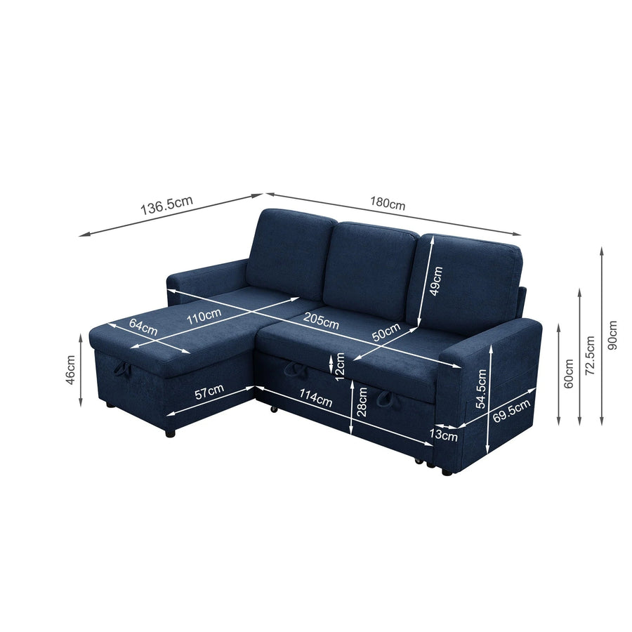 Amy 3 Seater Sofa Bed with Storage - Blue