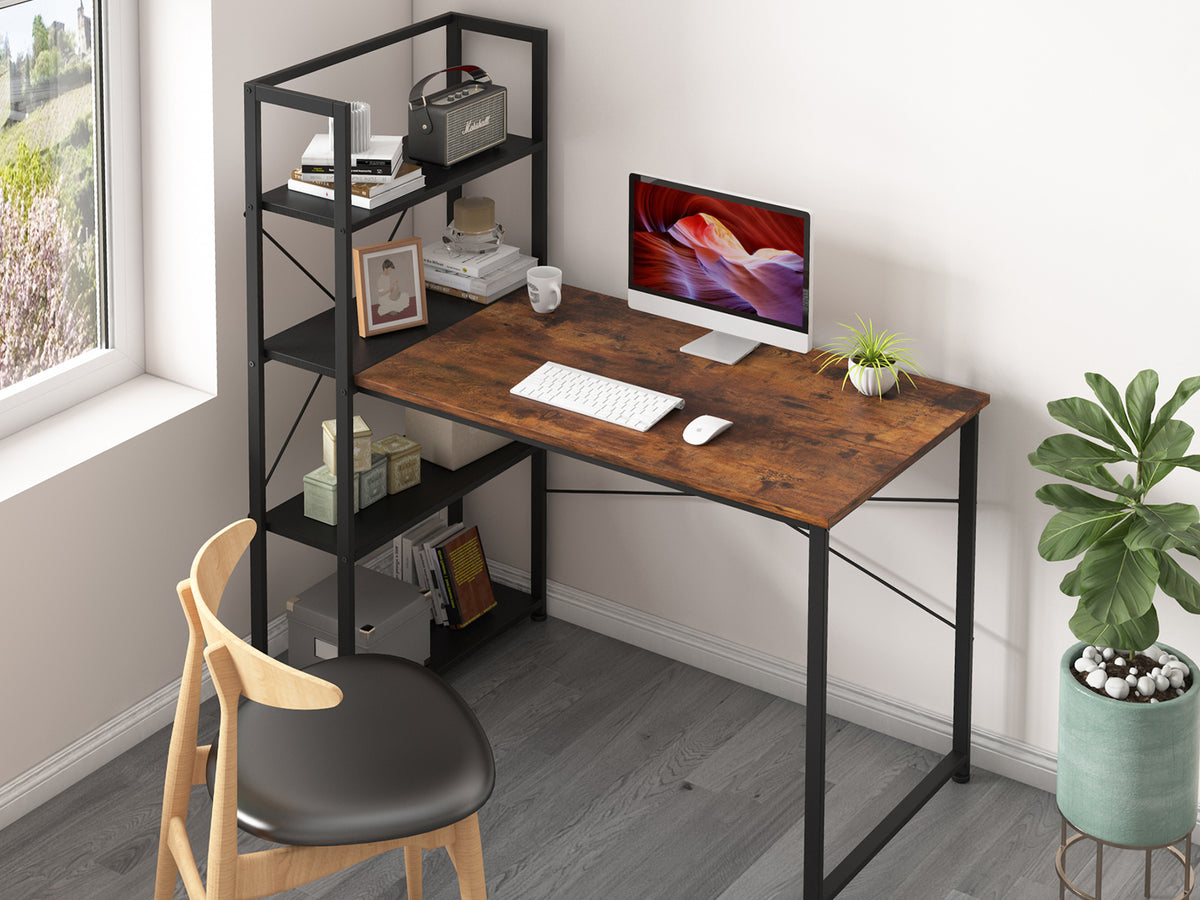 Zayden 120cm Computer Desk with Bookshelf - Rustic Brown + Black