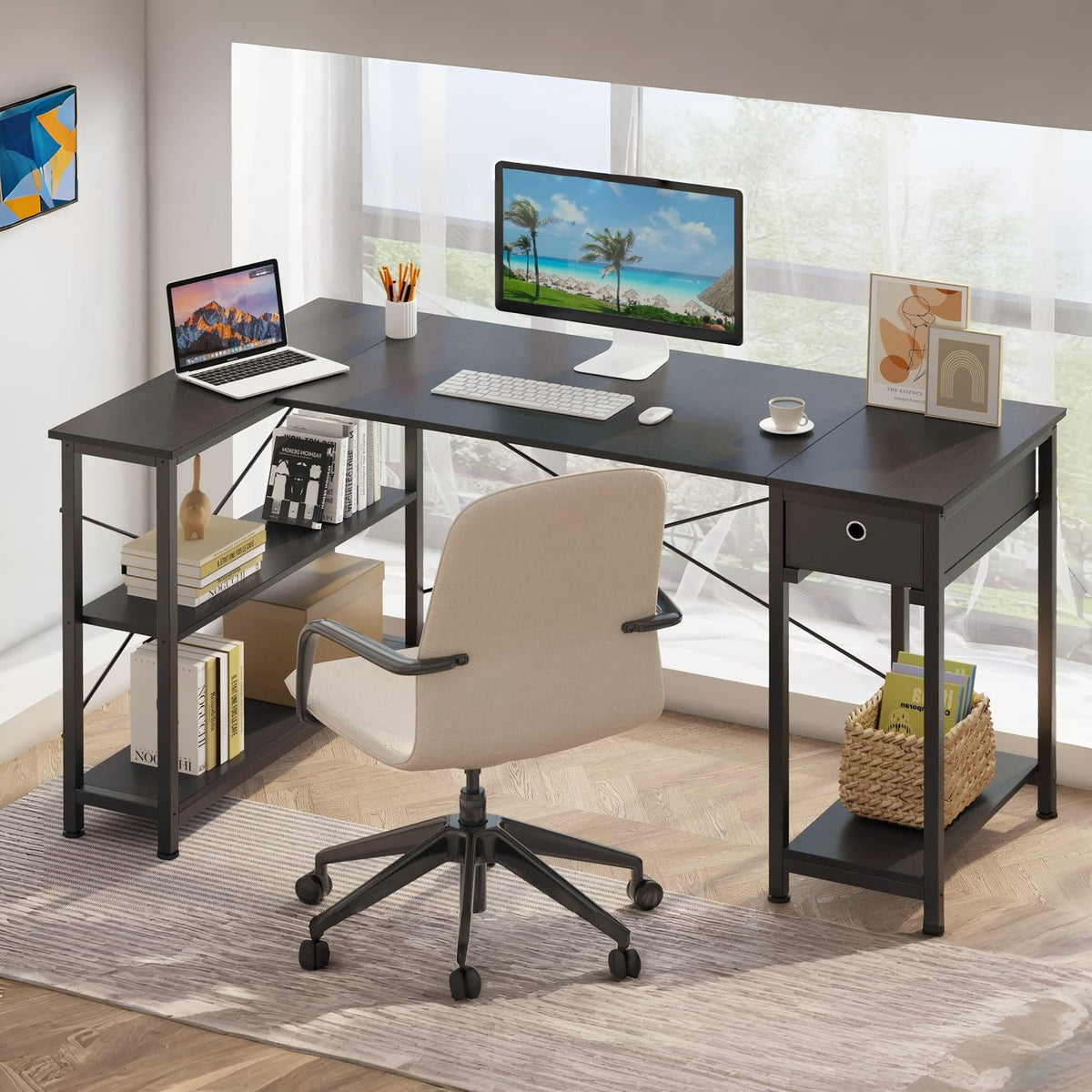 Simon Computer Corner Desk with Bookshelf - Black (0.073m3 - 22.5kg)