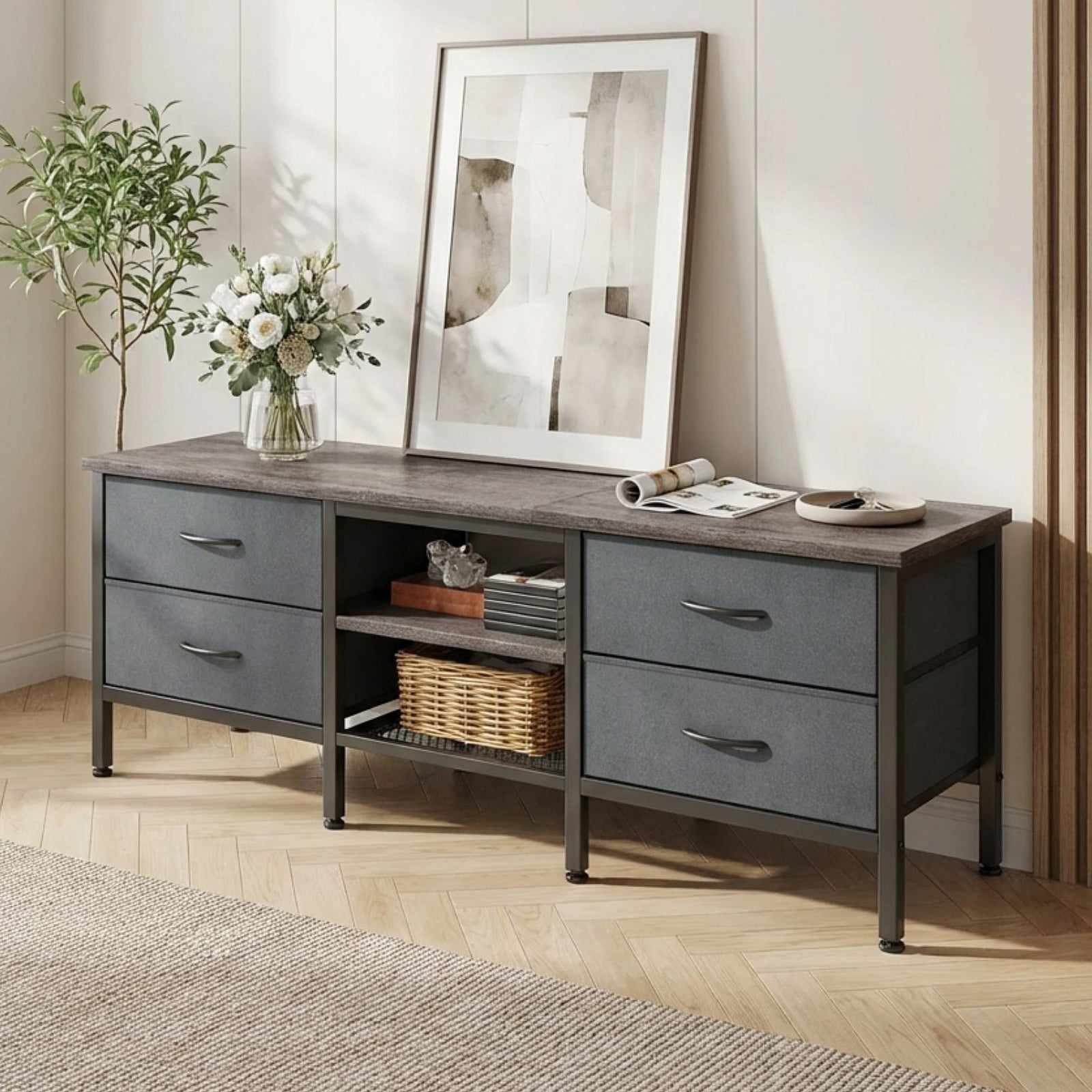 Cavalla 1.4m Entertainment Unit with Drawers - Grey Oak + Grey