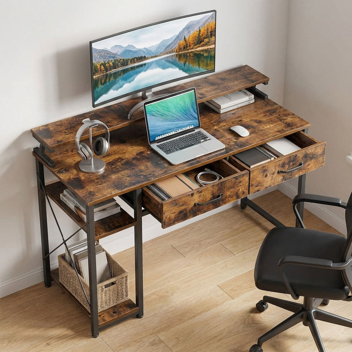 Gael 120cm Computer Desk with 2 Drawers - Rustic Brown
