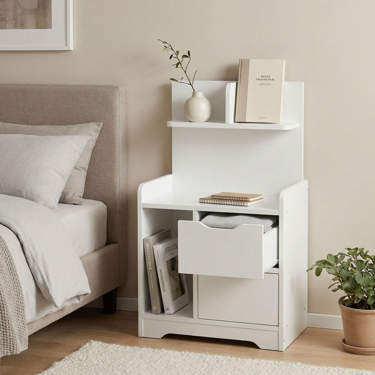 Finn Bedside Table with Shelves - White