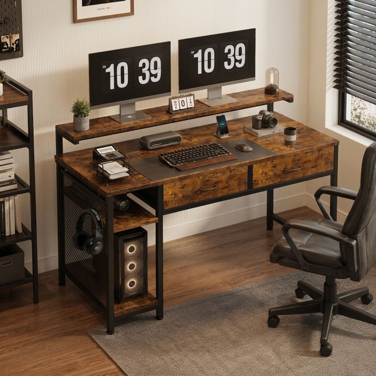 Emilio 120cm Computer Desk with 2 Drawers - Rustic Brown
