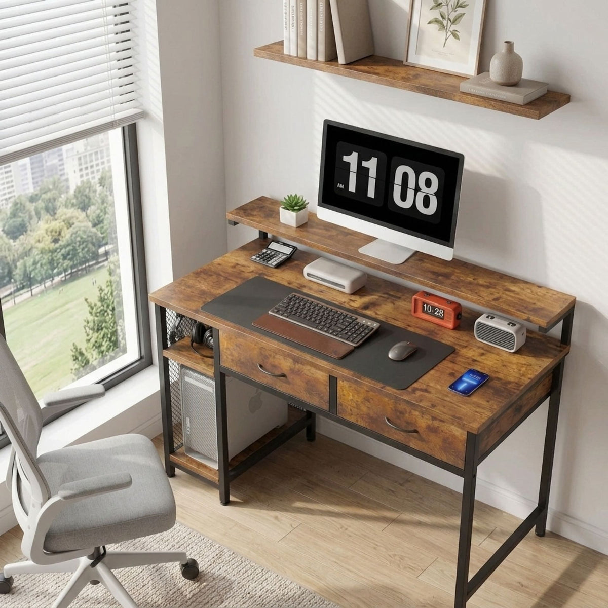 Emilio 100cm Computer Desk with 2 Drawers - Rustic Brown