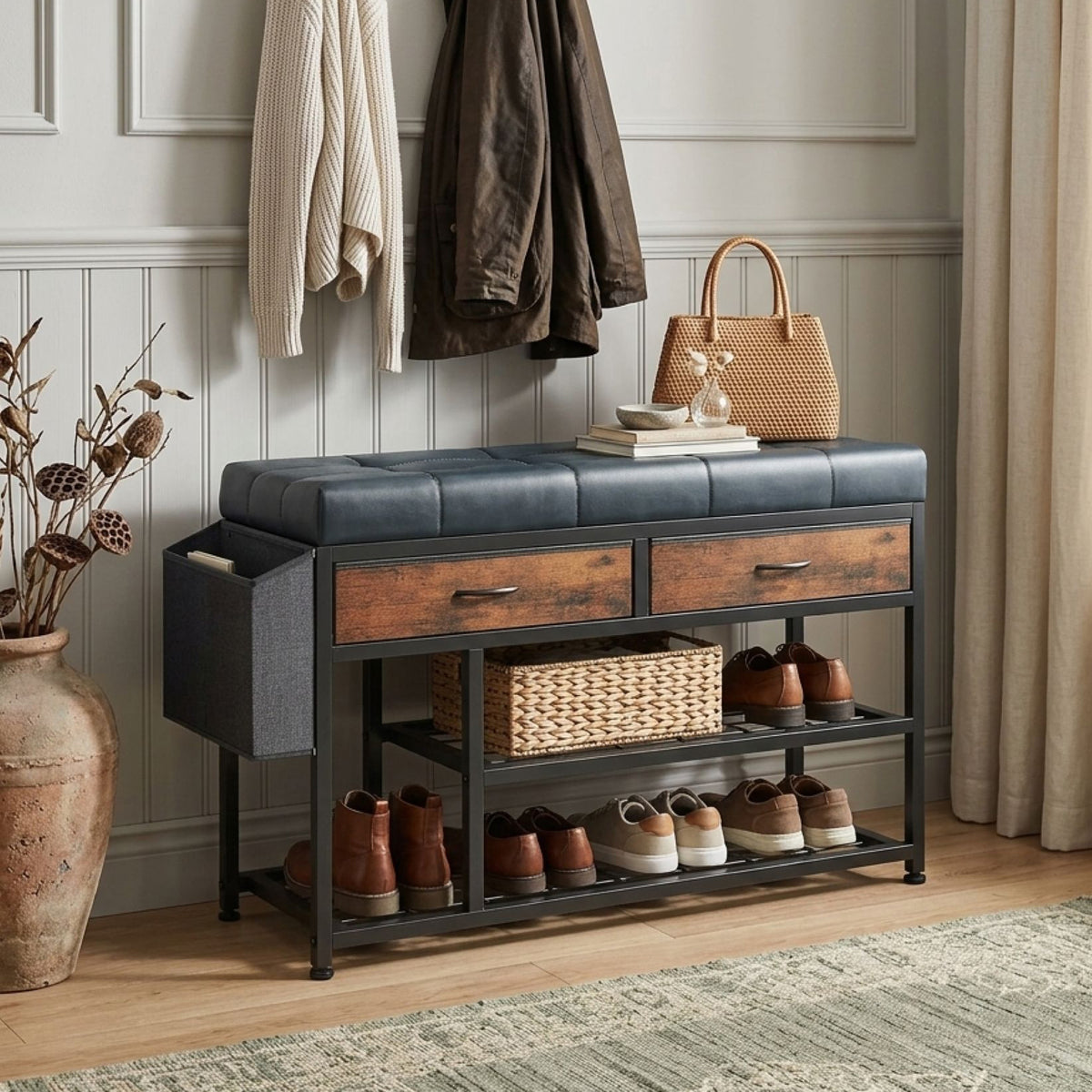 Plover Shoe Rack with Storage Bag - Rustic Brown + Blue