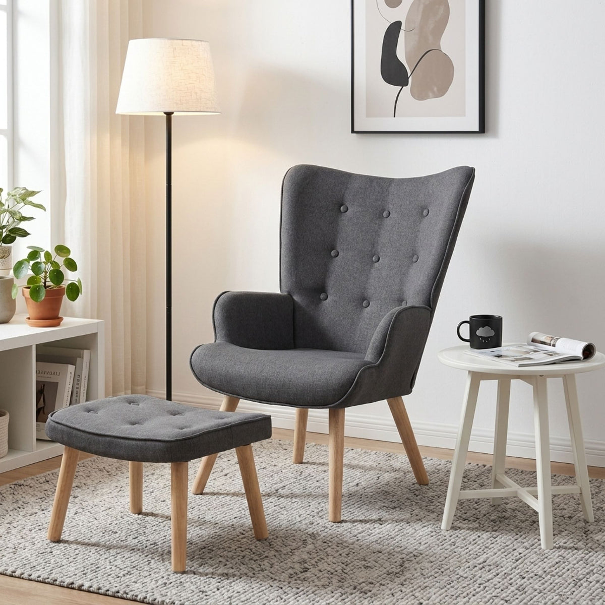 Olivia Linen Armchair with Ottoman - Grey