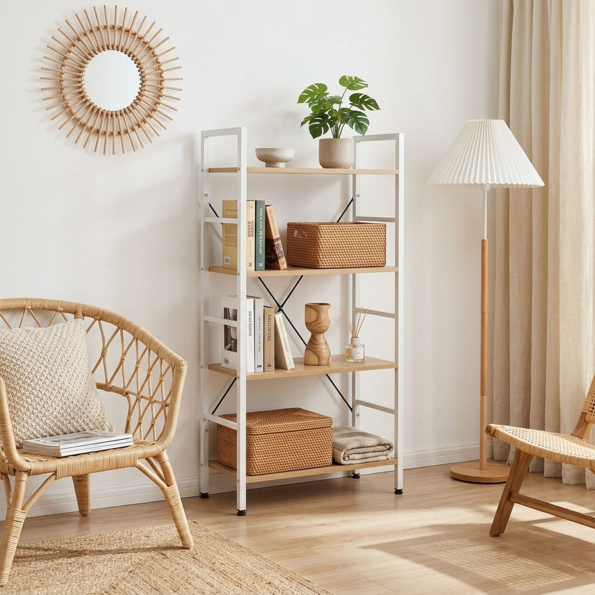 Hikuai 4 Tier 118cm Bookshelf - Natural + White