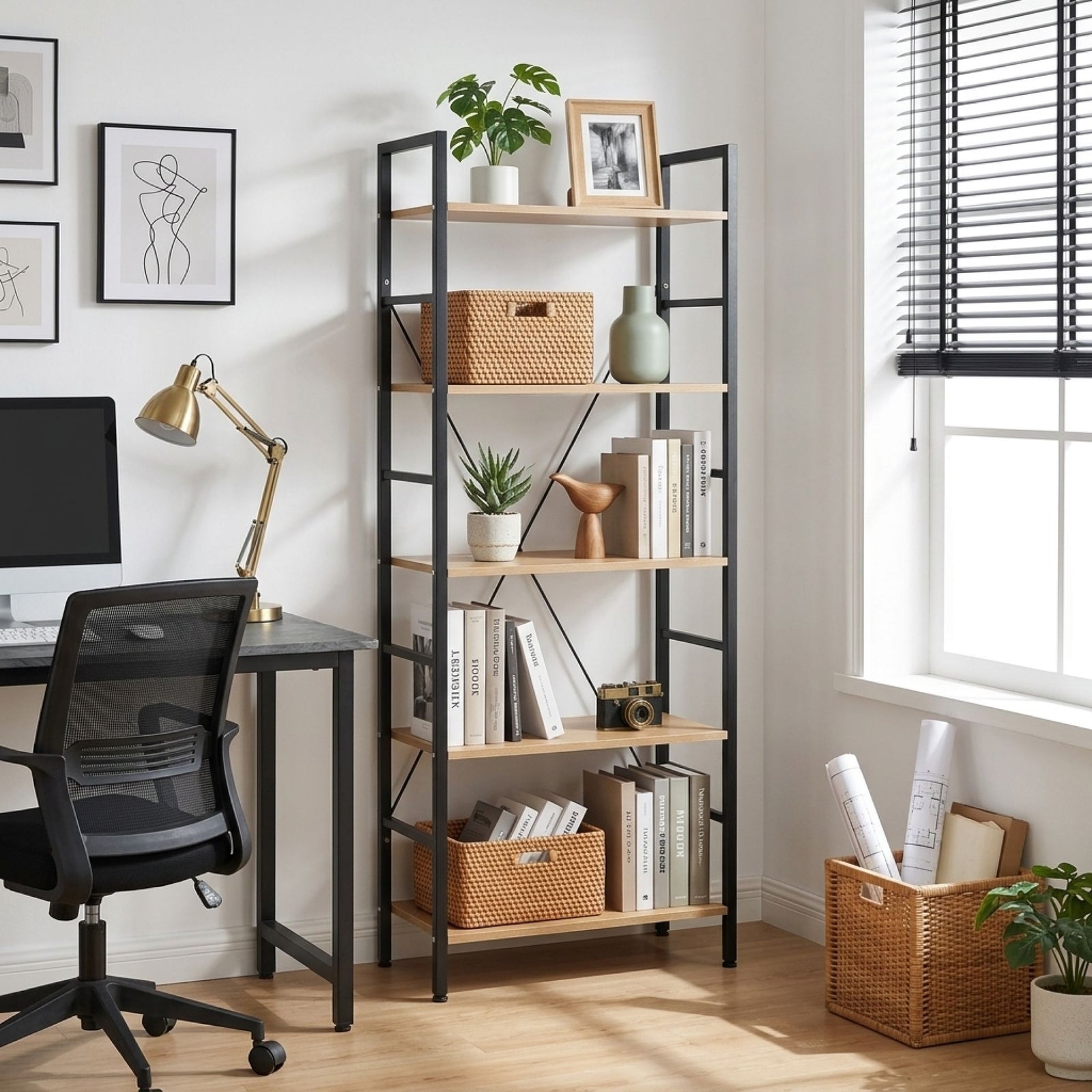 Hikuai 5 Tier 150cm Bookshelf - Natural + Black