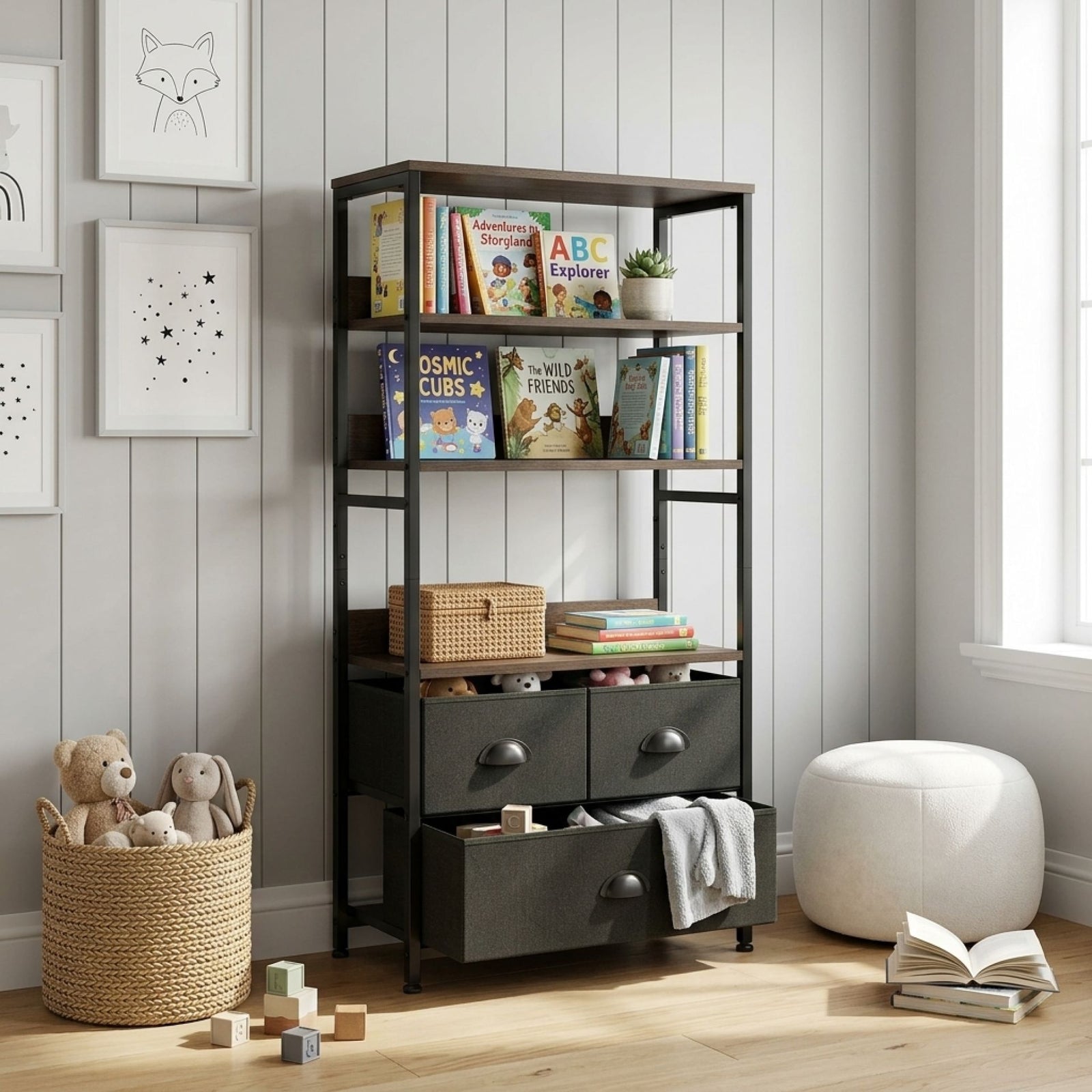 Whitby 4 Tier Storage Shelf with Drawers - Black