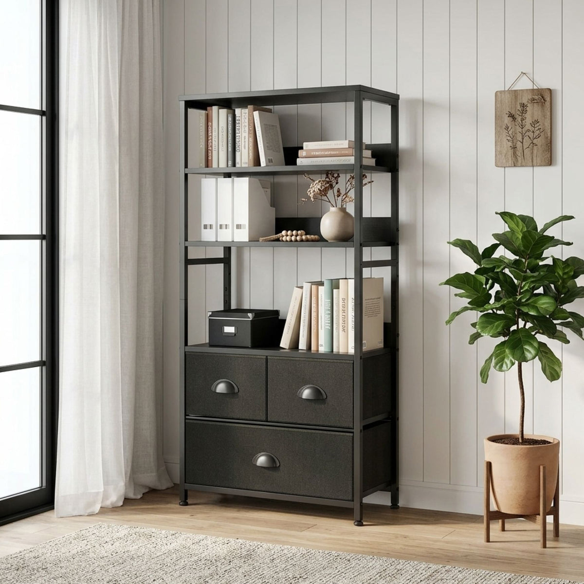 Whitby 4 Tier Storage Shelf with Drawers - Black