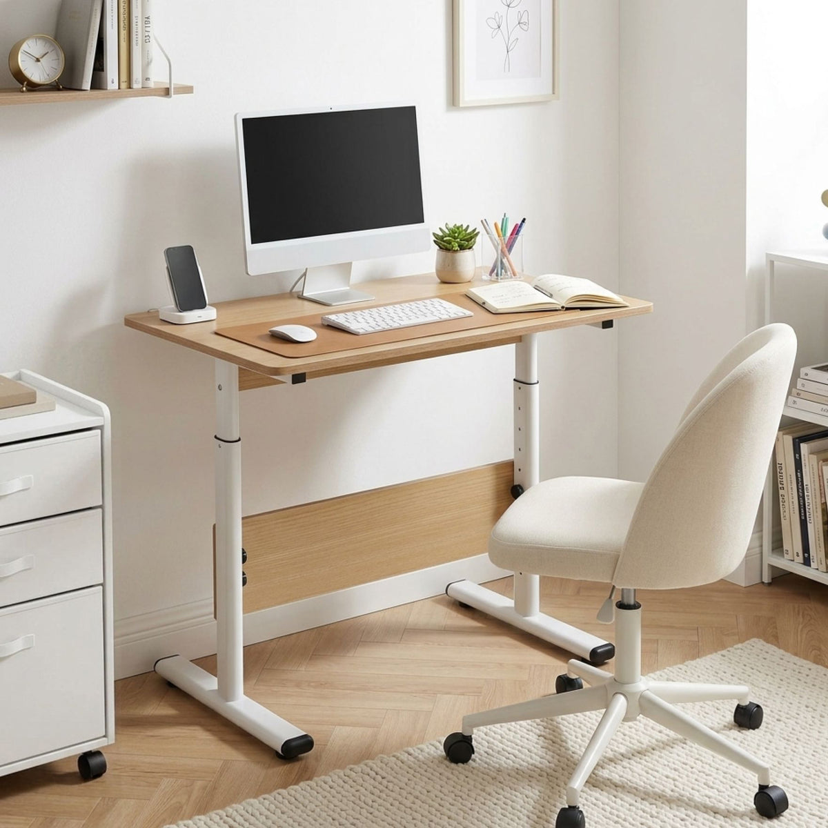 Hector 80cm Height-Adjustable Computer Desk - Maple + White