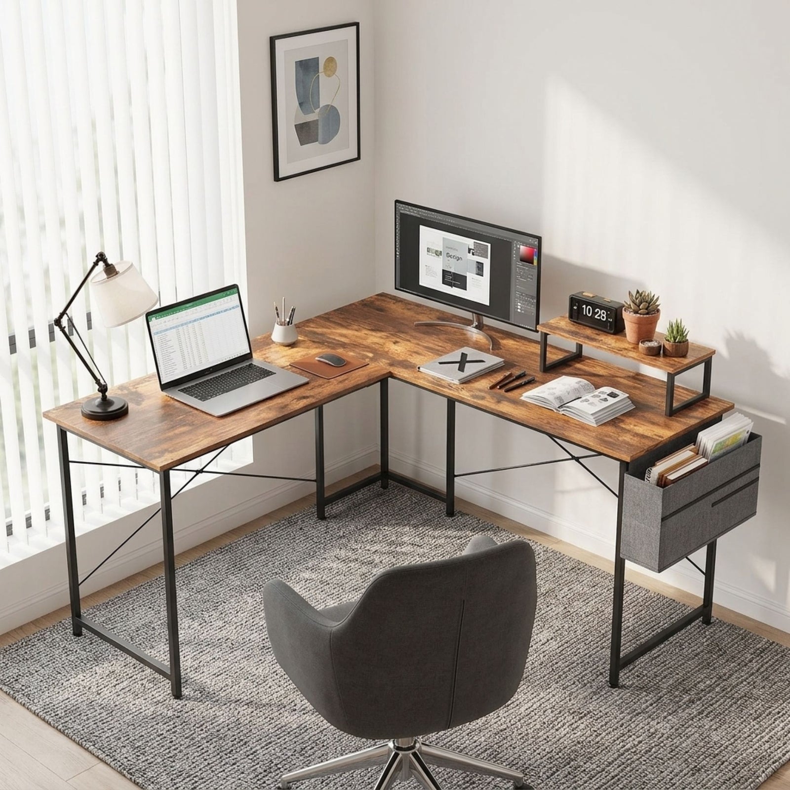 Felix Computer Corner Desk with Storage Bag - Rustic Brown