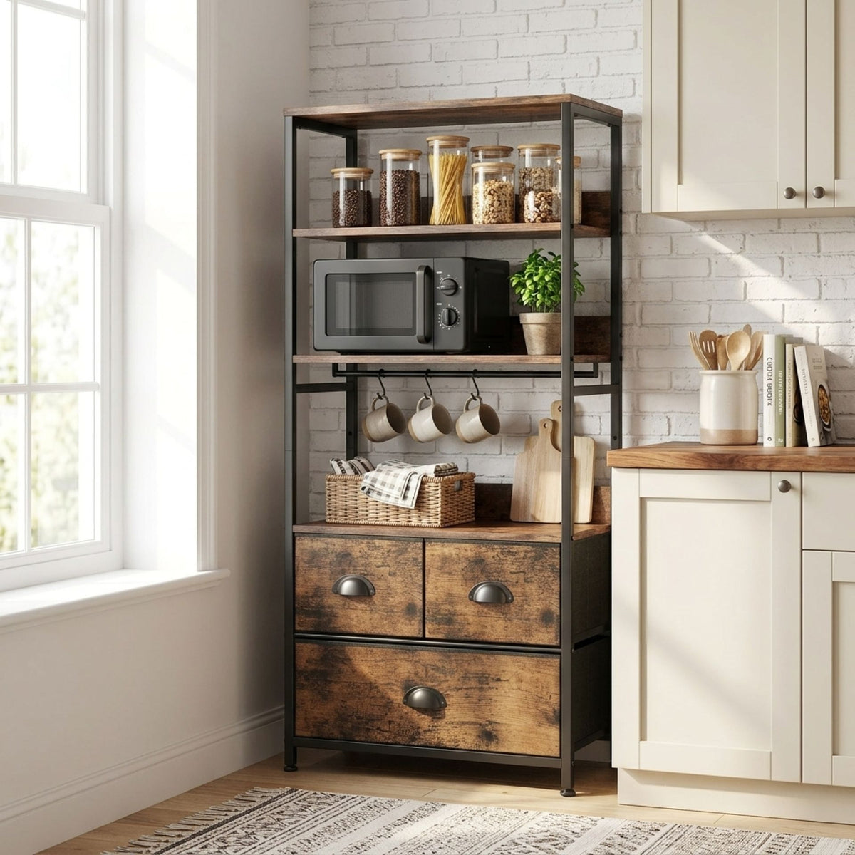 Whitby 4 Tier Storage Shelf with Drawers - Rustic Brown