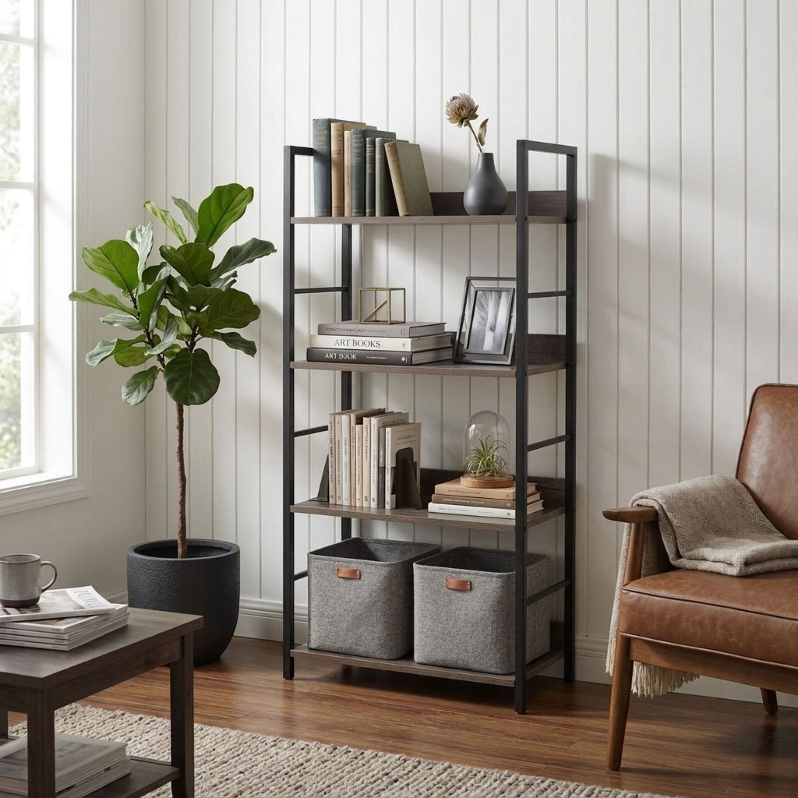 Towai 4 Tier 122cm Storage Shelf - Grey Oak + Black
