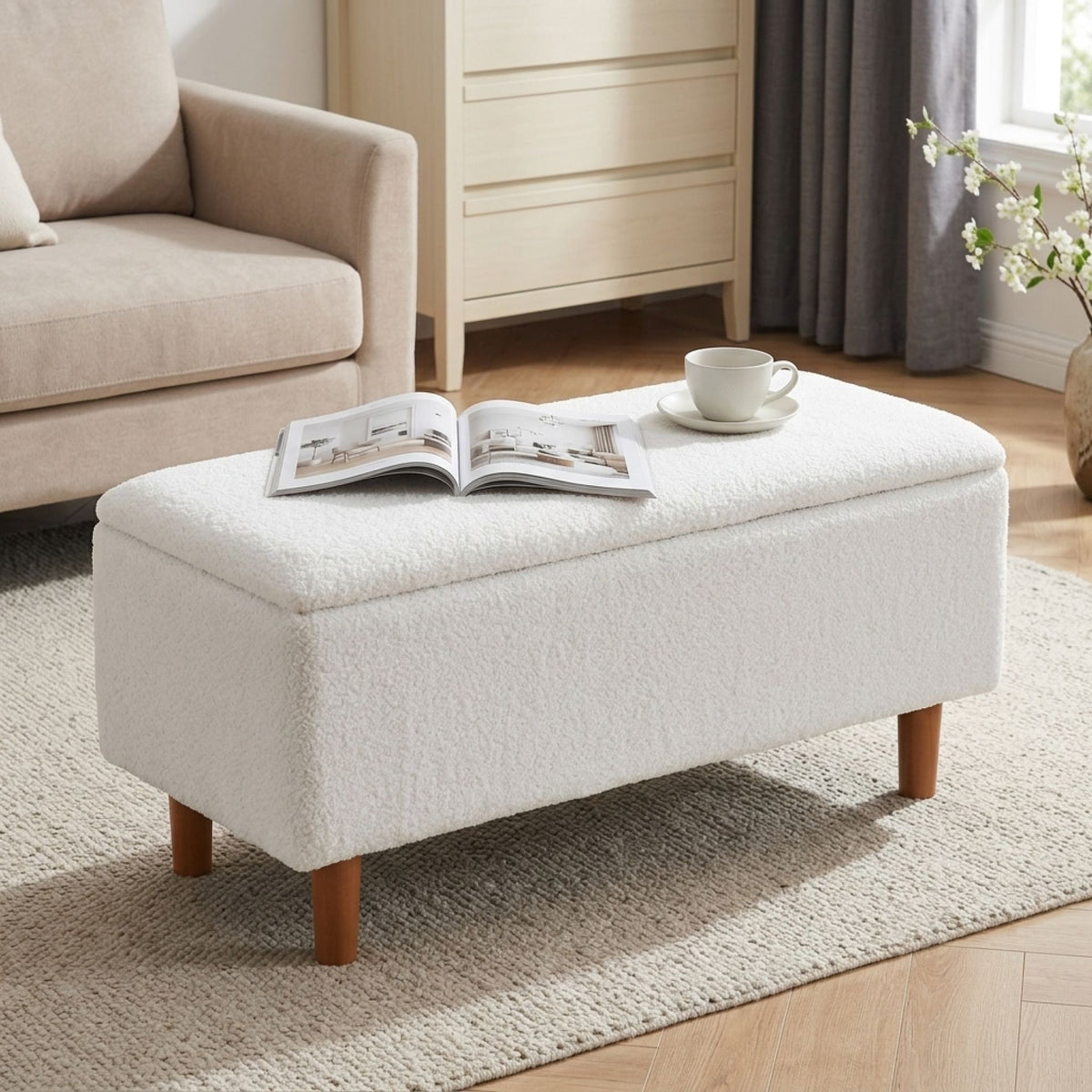 Theodore Boucle Storage Ottoman Bench - White