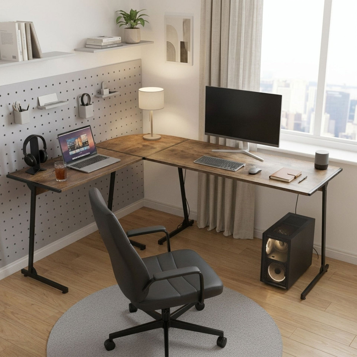 Nordix L-Shaped Computer Corner Desk - Rustic Brown