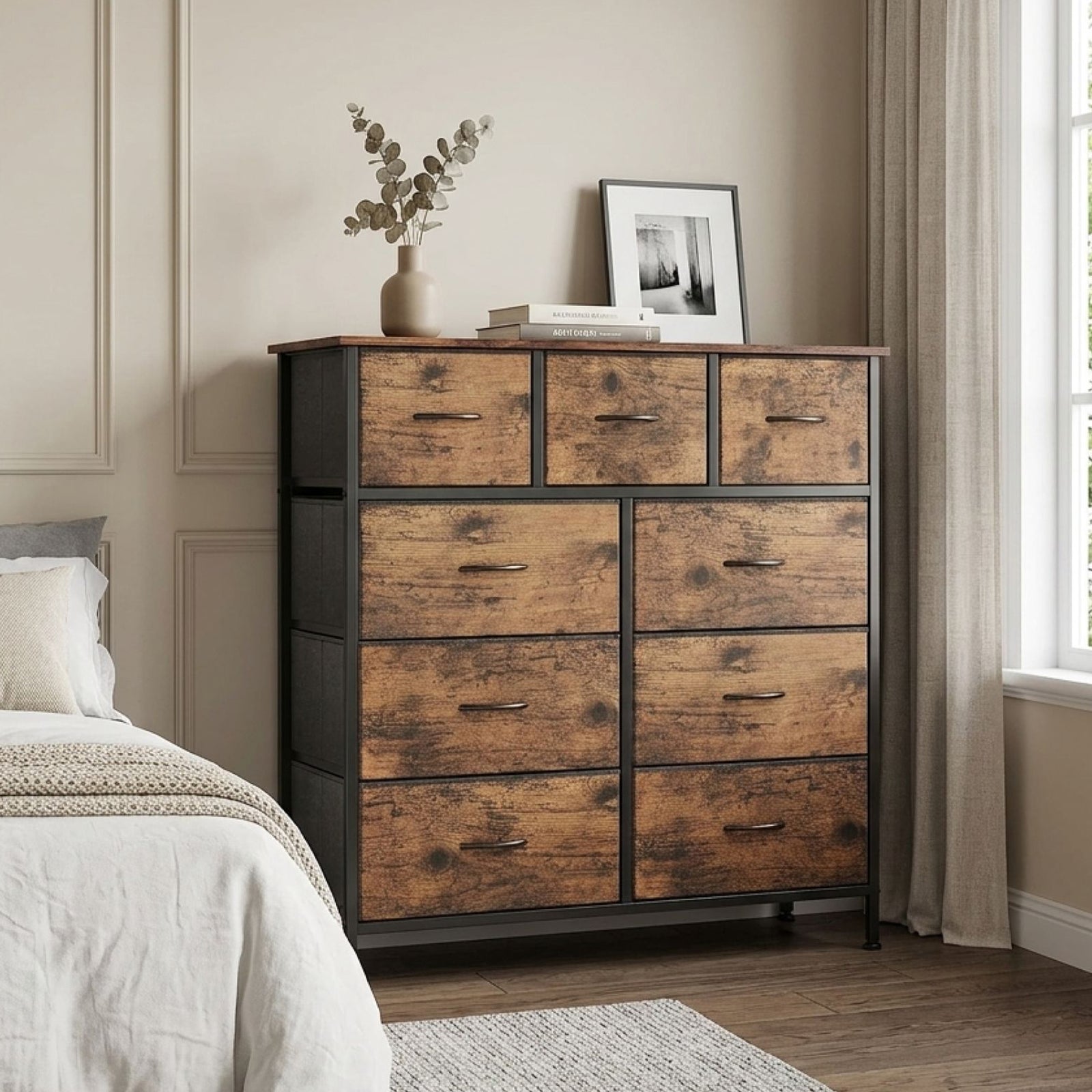 Madilyn 9 Drawer Fabric Tallboy - Rustic Brown