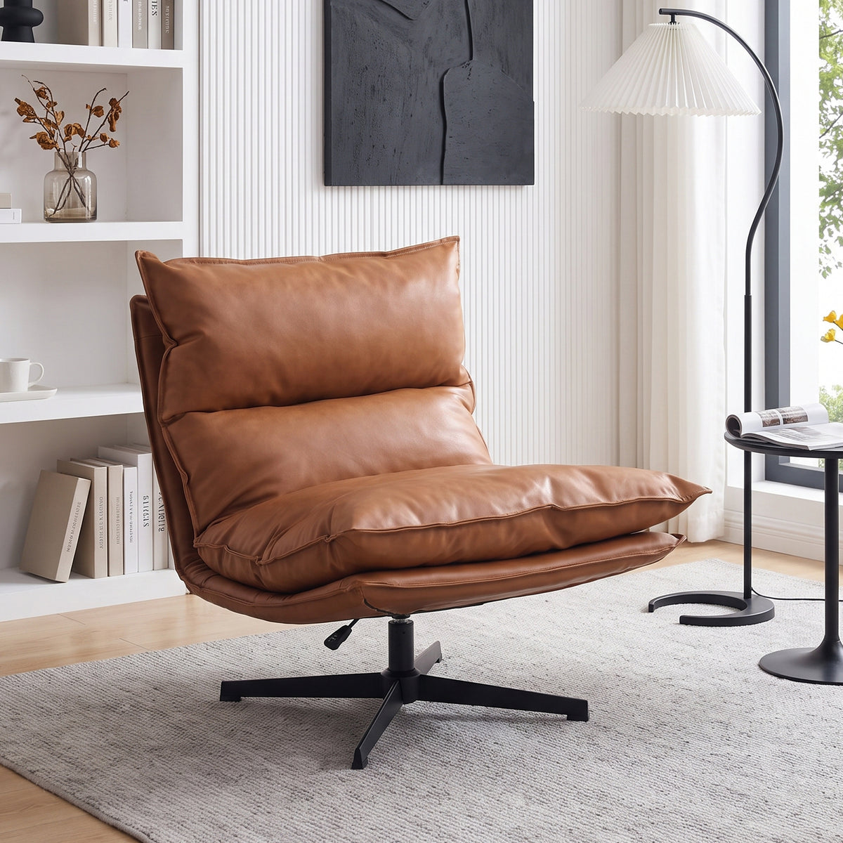 Saro Swivel Armchair with Adjustable Back - Caramel Brown