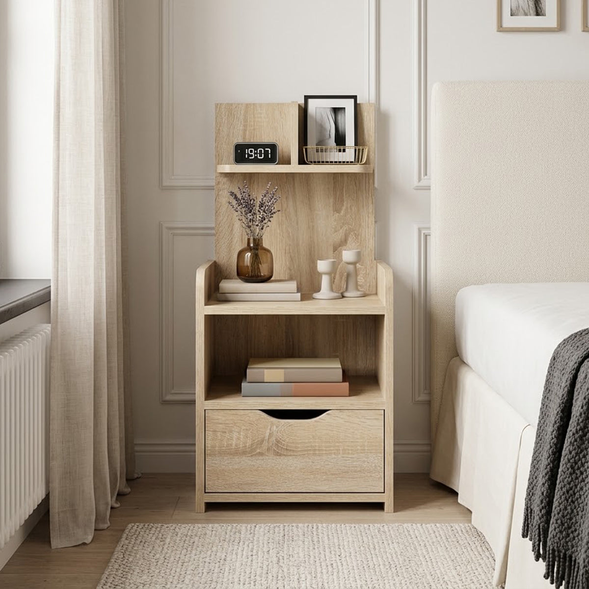 Vivian Bedside Table with Shelves - Oak