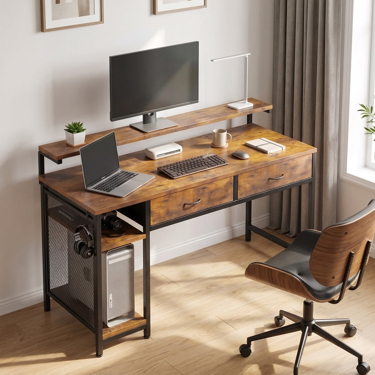 Emilio 138cm Computer Desk with 2 Drawers - Rustic Brown