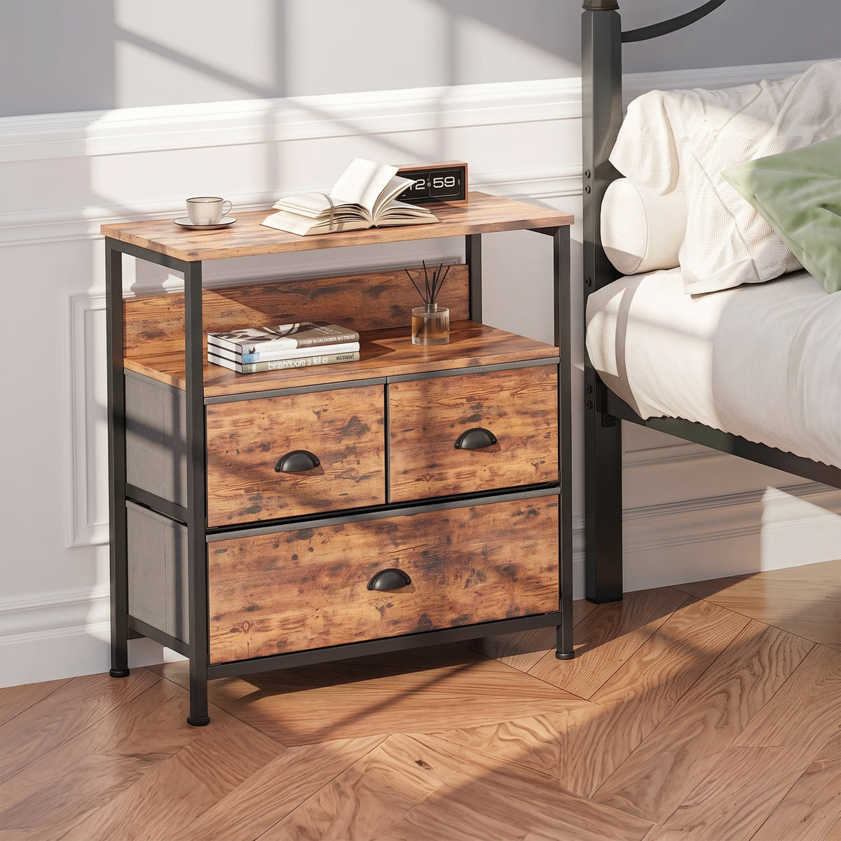 Whitby 2 Tier Storage Shelf with Drawers - Rustic Brown