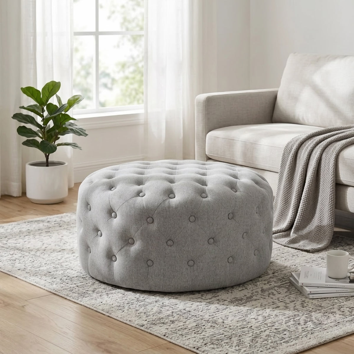 Disk Linen Ottoman - Grey