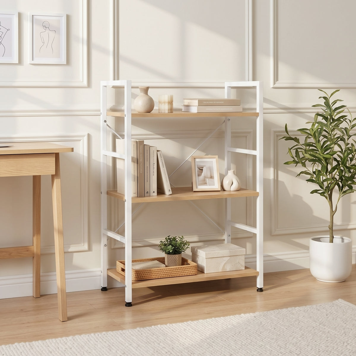 Hikuai 3 Tier 83cm Bookshelf - Natural + White