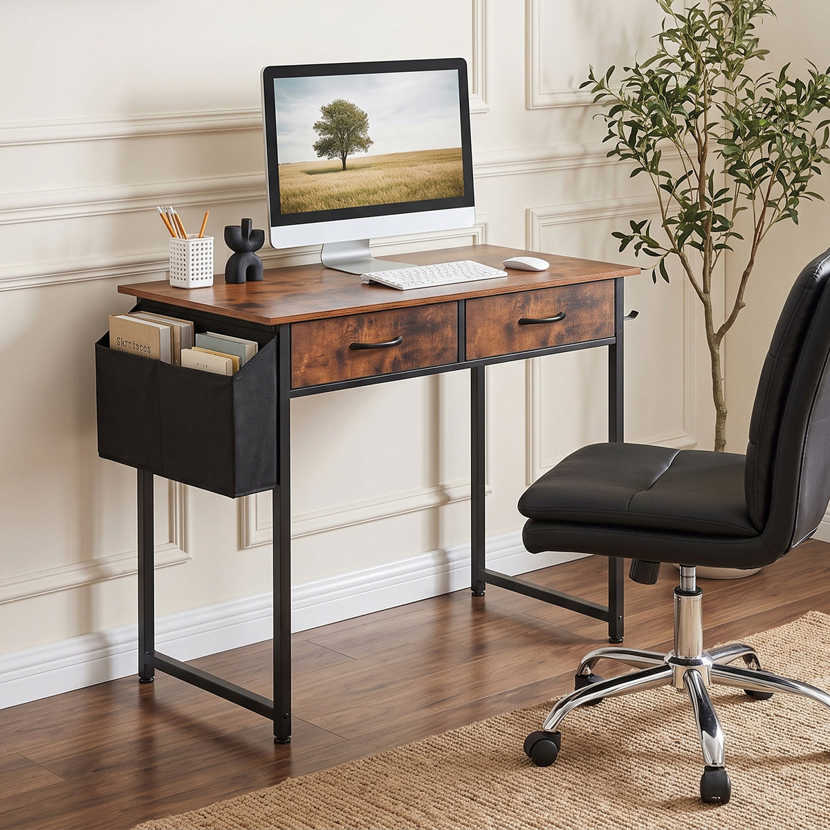 Kaleb 80cm Computer Desk with 2 Drawers - Rustic Brown