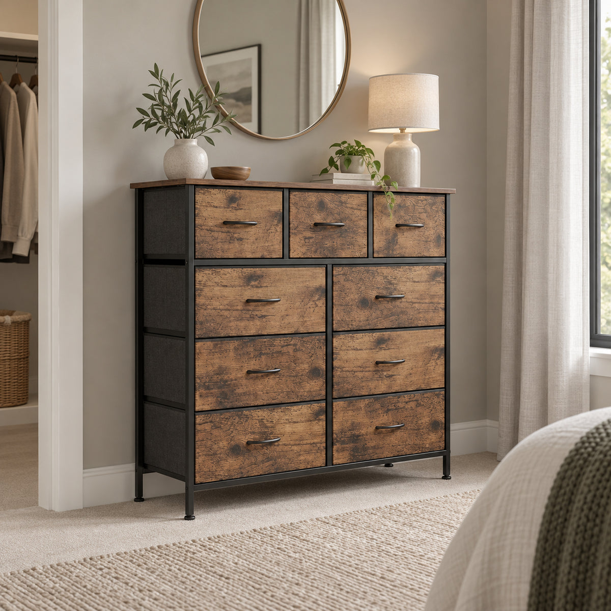 Madilyn 9 Drawer Fabric Tallboy - Rustic Brown
