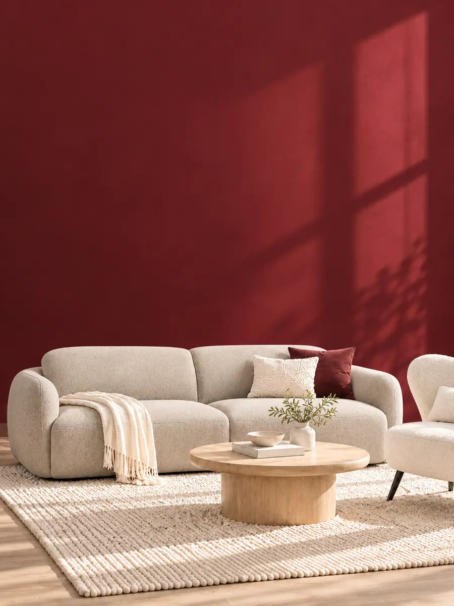 LivingTopia Black Friday campaign interior with a cream sofa against a burgundy wall