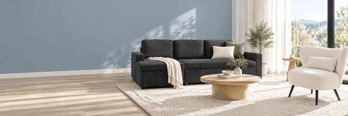 LivingTopia Room for More cool blue-grey living room with Amy sofa bed and Nook armchair