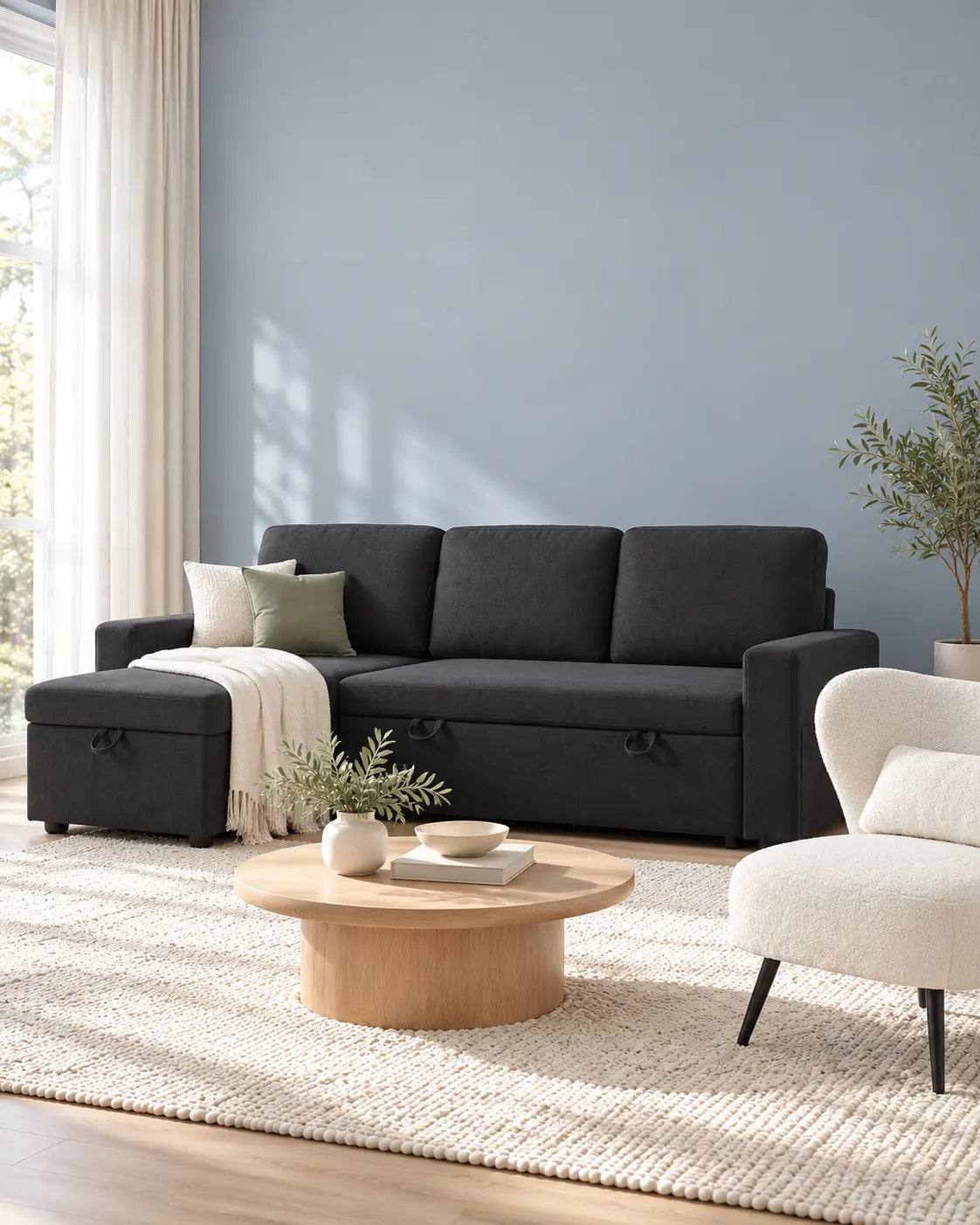 LivingTopia Room for More mobile living room with Amy sofa bed and Nook armchair