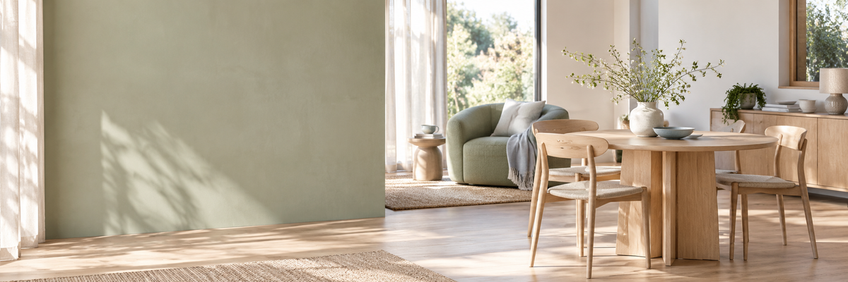 Light-filled spring dining and living space with sage green accents and pale oak furniture