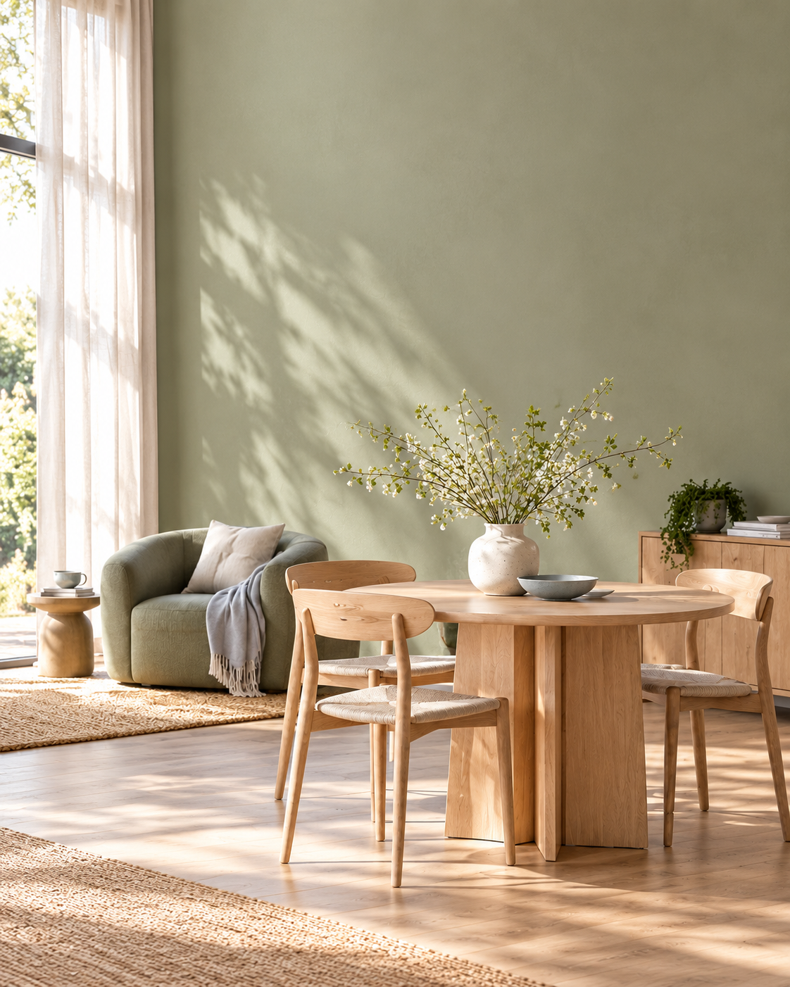 Spring dining nook with sage green wall and pale oak furniture, arranged for mobile