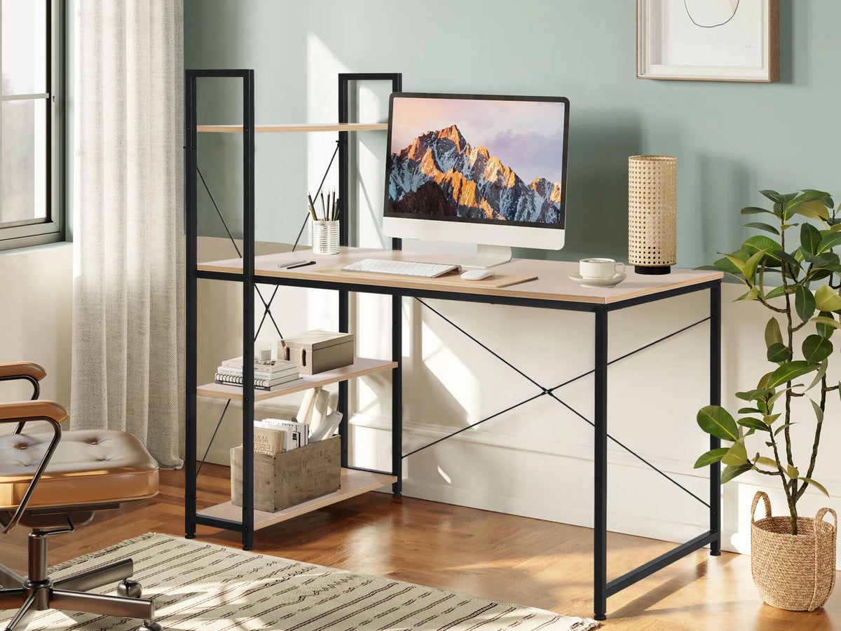 William 120cm Computer Desk with Bookshelf - Black + Natural